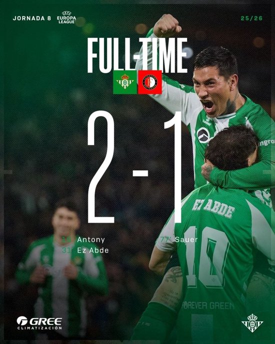 直通欧联16强!贝蒂斯2-1费耶诺德 安东尼半场传射阿布德建功